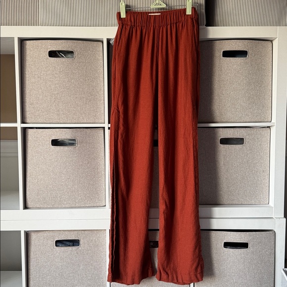 Abercrombie & Fitch Wide Leg Linen-Blend Dark Red Elastic Waist Pants Size XXS - Picture 5 of 16